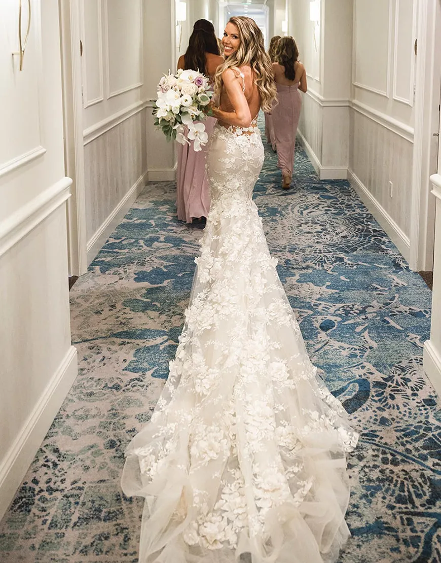 Luolandi 3D Flowers Mermaid Wedding Dresses V-neck Open Back Beautiful