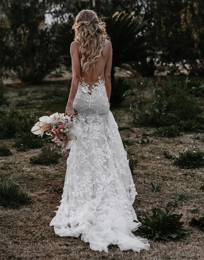 Luolandi 3D Flowers Mermaid Wedding Dresses V-neck Open Back Beautiful