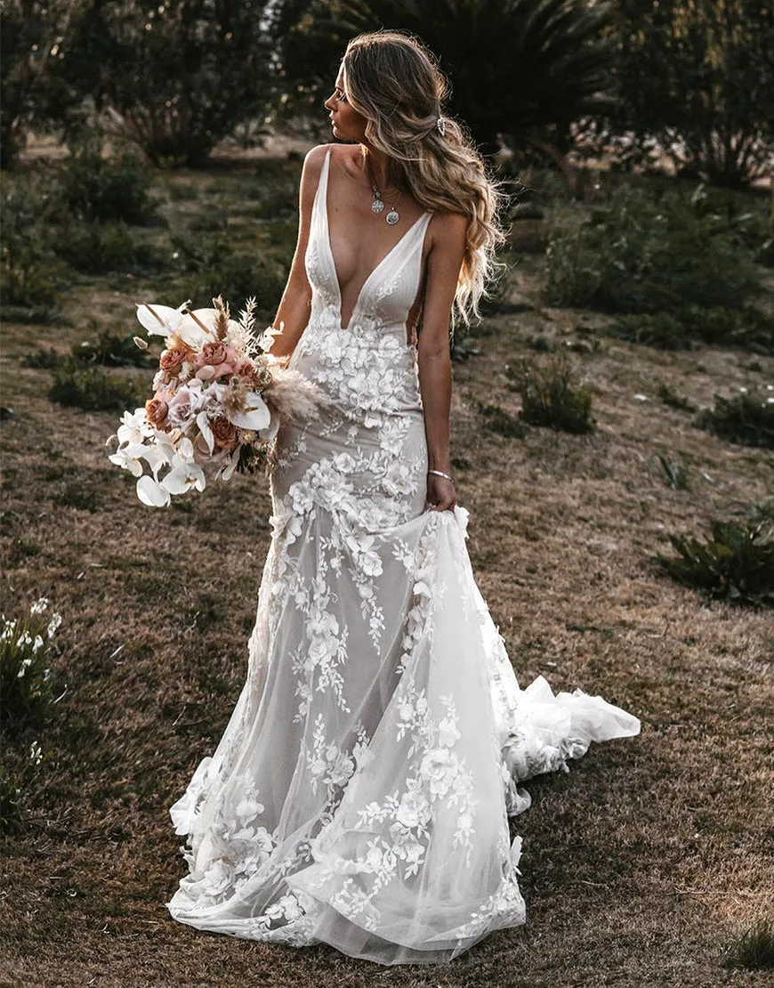 Luolandi 3D Flowers Mermaid Wedding Dresses V-neck Open Back Beautiful