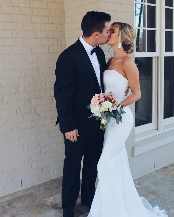 Luolandi Alluring Satin Strapless Neckline Sweep Train Mermaid Wedding Dresses Off Shoulder Simple Elegant