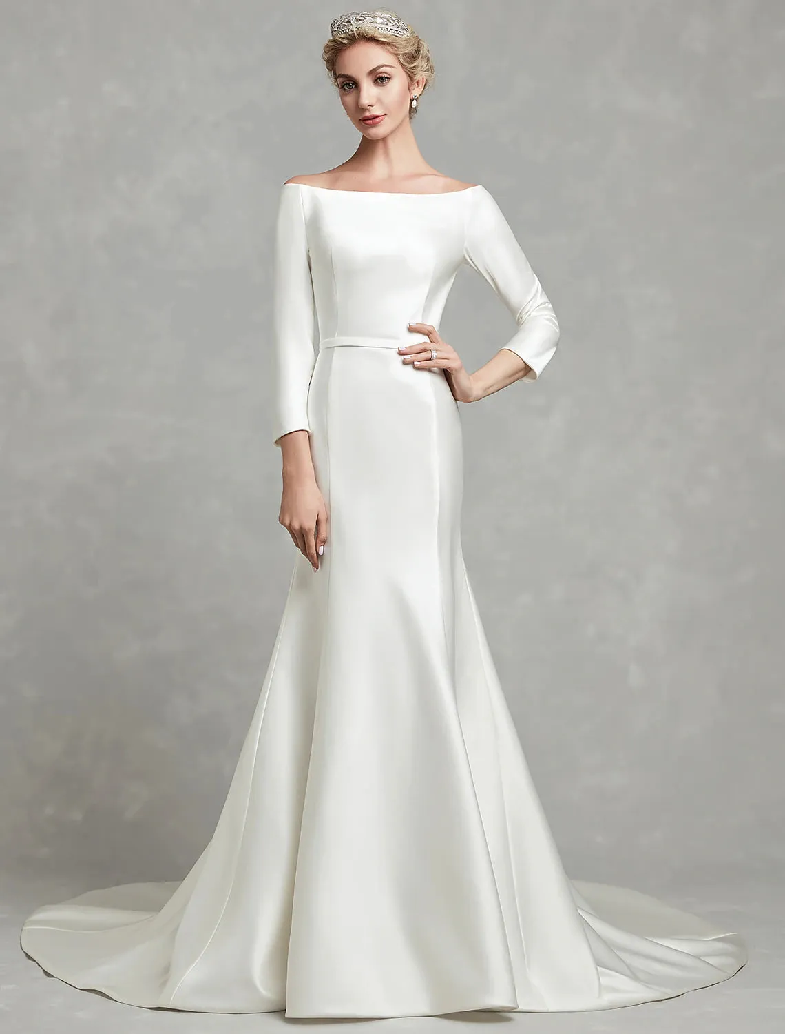 Luolandi Casual Fall Wedding Dresses Mermaid / Trumpet Off Shoulder 3/4 Length Sleeve Chapel Train Satin Bridal Gowns With Pleats Wedding Party