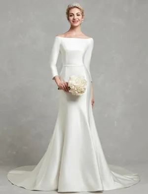 Luolandi Casual Fall Wedding Dresses Mermaid / Trumpet Off Shoulder 3/4 Length Sleeve Chapel Train Satin Bridal Gowns With Pleats Wedding Party