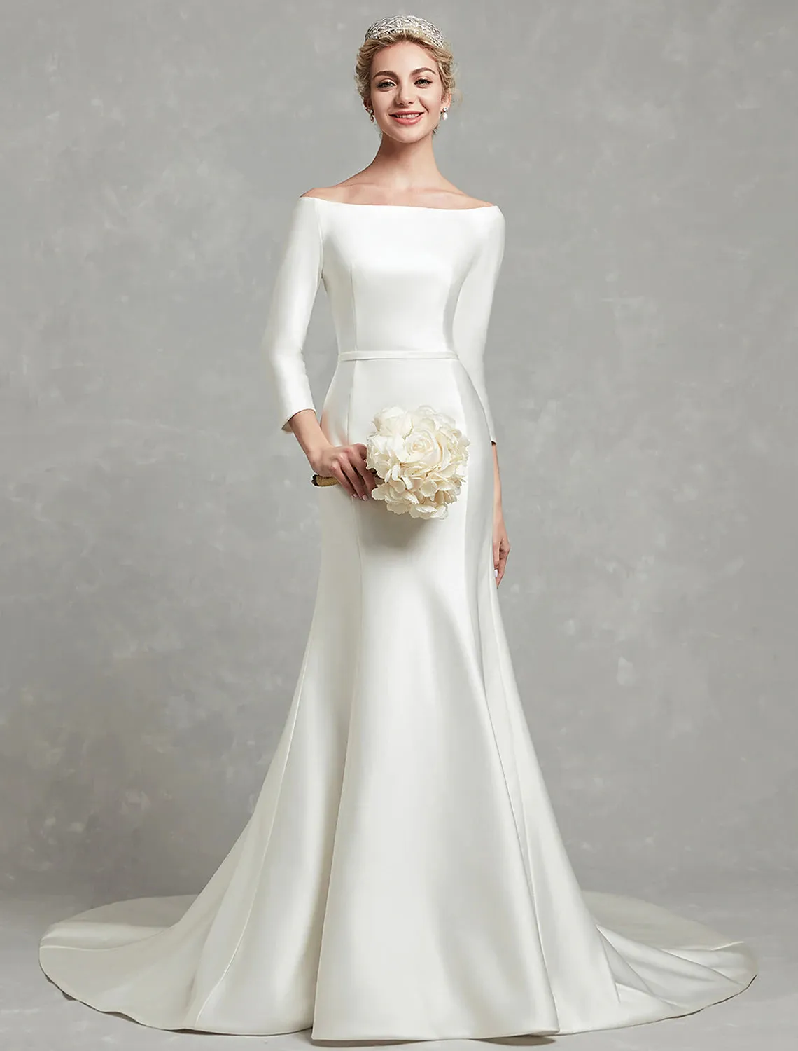 Luolandi Casual Fall Wedding Dresses Mermaid / Trumpet Off Shoulder 3/4 Length Sleeve Chapel Train Satin Bridal Gowns With Pleats Wedding Party