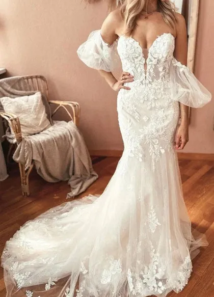 Luolandi Charming Mermaid Sweetheart Lace Wedding Dresses with Appliques Off Shoulder Beautiful