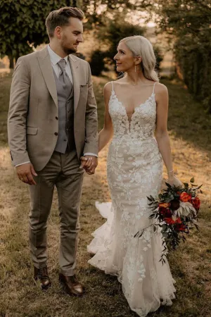 Luolandi Charming Mermaid V Neck Tulle Wedding Dresses with Appliques Open Back Beautiful