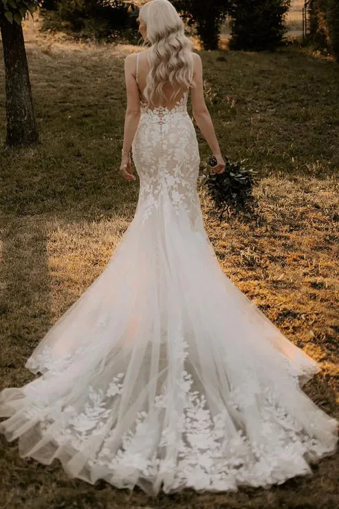 Luolandi Charming Mermaid V Neck Tulle Wedding Dresses with Appliques Open Back Beautiful