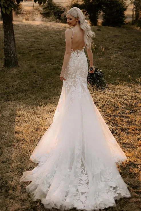Luolandi Charming Mermaid V Neck Tulle Wedding Dresses with Appliques Open Back Beautiful