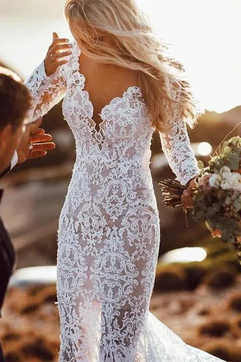 Luolandi Chic Lace V Neck Long Sleeve Mermaid Rustic Backless Wedding Dresses Sexy