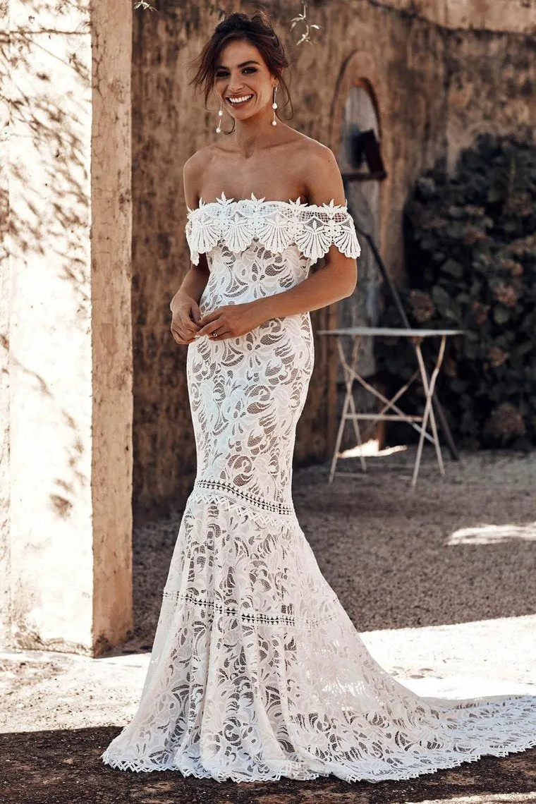 Luolandi Elegant Off Shoulder Ivory Mermaid Lace Beach Wedding Dresses Sexy