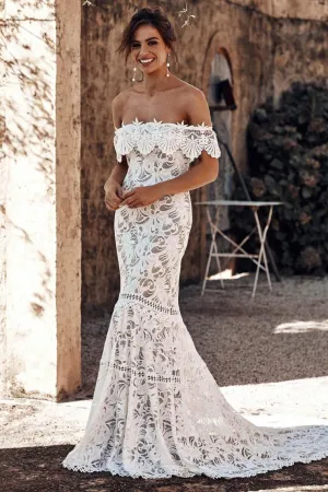Luolandi Elegant Off Shoulder Ivory Mermaid Lace Beach Wedding Dresses Sexy
