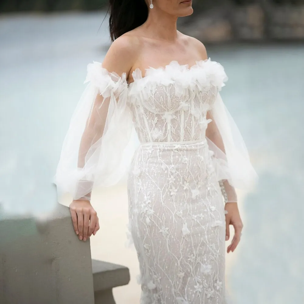 Luolandi Luxury Mermaid Off Shoulder Sequin 3D Flowers Long Puff Sleeve Wedding Dresses Beautiful
