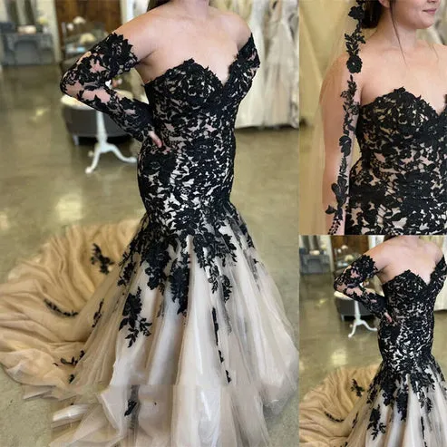 Luolandi Mermaid Black Champagne Wedding Dresses Lace Strapless Sweep Train Off Shoulder