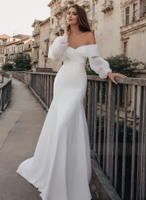 Luolandi Mermaid Long Sleeves Wedding Dresses With Off-The-Shoulder  Satin Simple White