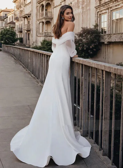 Luolandi Mermaid Long Sleeves Wedding Dresses With Off-The-Shoulder  Satin Simple White