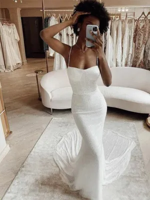 Luolandi Mermaid Modest Spaghetti Straps Sparkly Long Beach Prom Dresses Charming Wedding Dresses