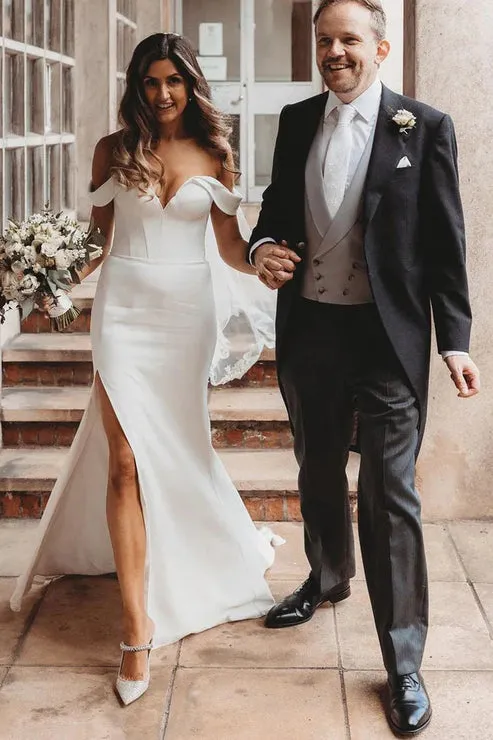 Luolandi Mermaid Satin Wedding Dresses Off the Shoulder with Slit Off Shoulder Sexy