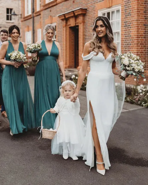 Luolandi Mermaid Satin Wedding Dresses Off the Shoulder with Slit Off Shoulder Sexy