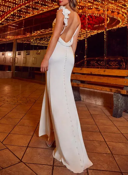 Luolandi Mermaid Silk Like Satin Wedding Dresses With Flowers High Split Open Back