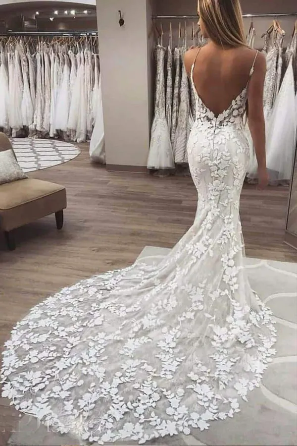 Luolandi Mermaid Spaghetti Straps V-neck Lace Wedding Dresses Open Back Sexy Beautiful