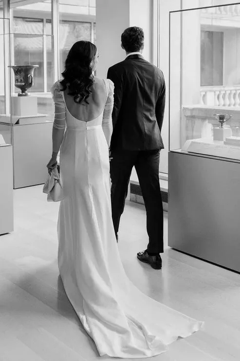 Luolandi Mermaid Square Neck Long Sleeves White Satin Wedding Dresses Open Back Sexy
