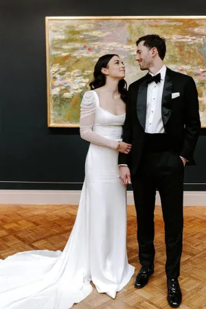 Luolandi Mermaid Square Neck Long Sleeves White Satin Wedding Dresses Open Back Sexy