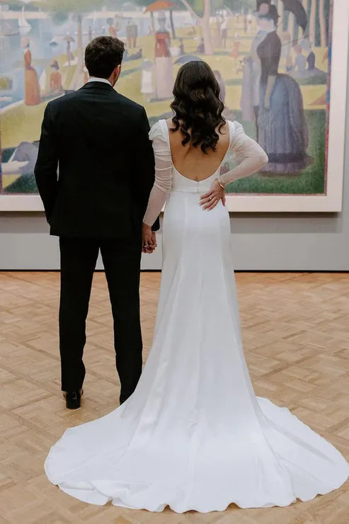 Luolandi Mermaid Square Neck Long Sleeves White Satin Wedding Dresses Open Back Sexy