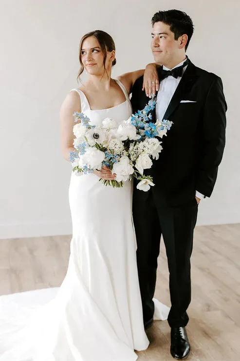 Luolandi Mermaid Square Neck White Satin Wedding Dresses Solid Color  Long Sexy