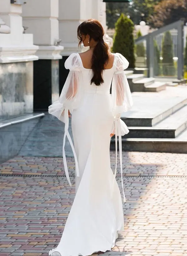 Luolandi Mermaid Square Neckline Long Sleeves Satin Wedding Dresses White