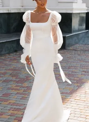 Luolandi Mermaid Square Neckline Long Sleeves Satin Wedding Dresses White