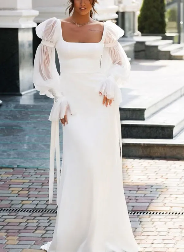 Luolandi Mermaid Square Neckline Long Sleeves Satin Wedding Dresses White