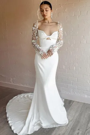 Luolandi Mermaid Sweetheart Satin Long Wedding Dresses with Long Sleeves Elegant
