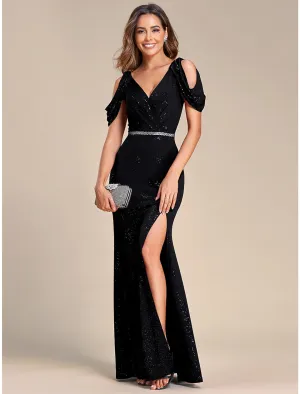 Luolandi Mermaid / Trumpet Wedding Guest Dresses Sparkle & Shine Dress Formal Wedding Floor Length Short Sleeve V Neck Lace with Sequin