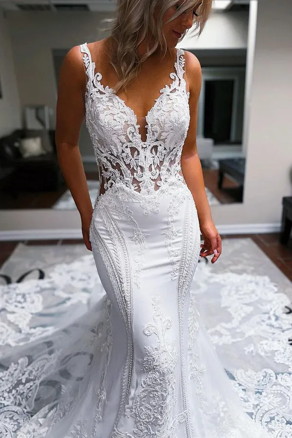 Luolandi Mermaid V Neck Satin Lace Wedding Dresses Beautiful