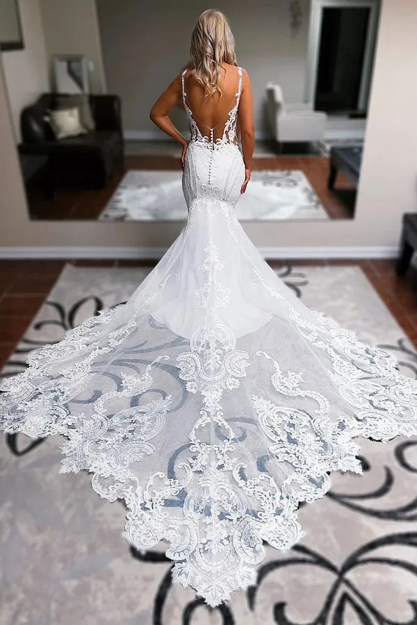Luolandi Mermaid V Neck Satin Lace Wedding Dresses Beautiful