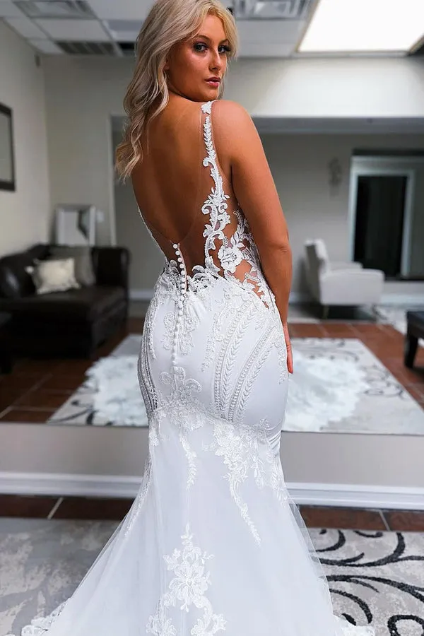 Luolandi Mermaid V Neck Satin Lace Wedding Dresses Beautiful