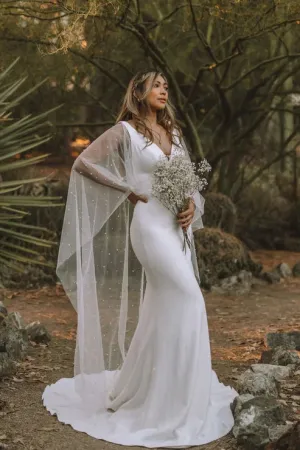 Luolandi Mermaid V Neck Satin Long Wedding Dresses with Train Open Back Beautiful