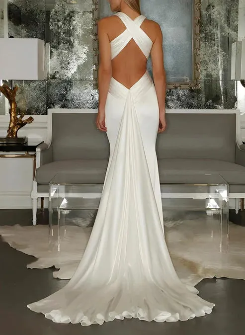 Luolandi Mermaid V-Neck Sleeveless Sweep Train Silk Like Satin Wedding Dresses Sexy