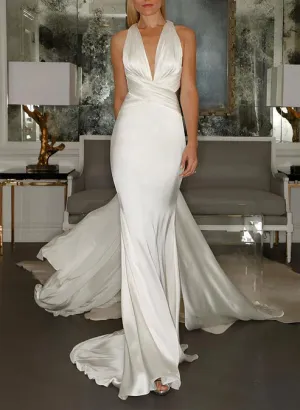 Luolandi Mermaid V-Neck Sleeveless Sweep Train Silk Like Satin Wedding Dresses Sexy