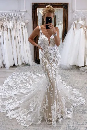 Luolandi Mermaid V Neck Tulle Lace Wedding Dresses with Train Beautiful
