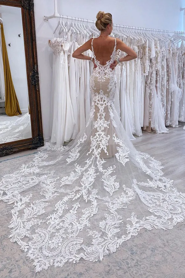 Luolandi Mermaid V Neck Tulle Lace Wedding Dresses with Train Beautiful