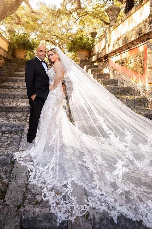 Luolandi Mermaid V Neck Tulle Wedding Dresses with Train Sexy Beautiful