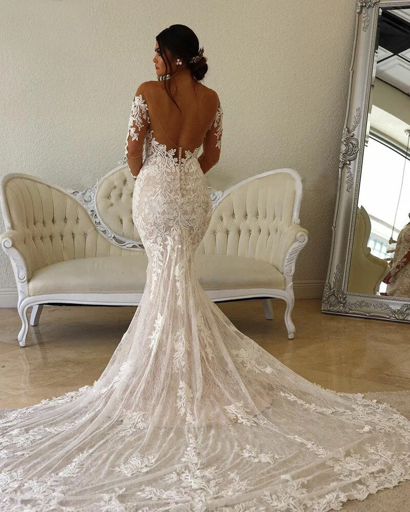 Luolandi Mermaid/Trumpet Long Sleeves Court Train Tulle With Applique Wedding Dresses Sexy