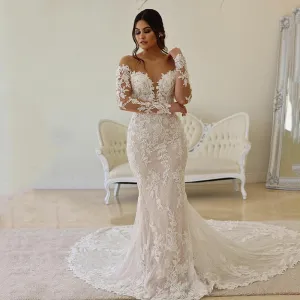 Luolandi Mermaid/Trumpet Long Sleeves Court Train Tulle With Applique Wedding Dresses Sexy