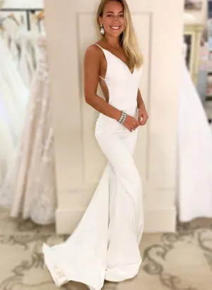 Luolandi Sex Low Back Mermaid Satin Sleeveless Wedding Dresses V-neck White