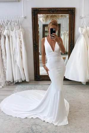 Luolandi Simple Mermaid V Neck Satin White Wedding Dresses Sexy