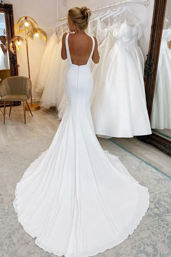 Luolandi Simple Mermaid V Neck Satin White Wedding Dresses Sexy
