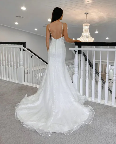 Luolandi Sparkly Mermaid V Neck Sequins White Wedding Dresses Sleeveless Floor Length Sexy