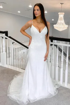 Luolandi Sparkly Mermaid V Neck Sequins White Wedding Dresses Sleeveless Floor Length Sexy