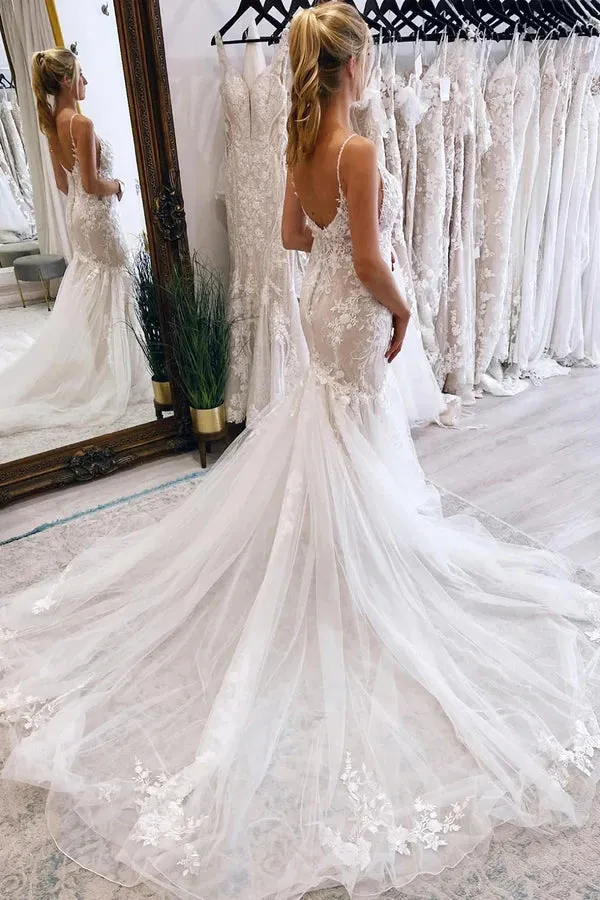 Luolandi Stunning Mermaid V Neck Tulle Lace Wedding Dresses White Beautiful