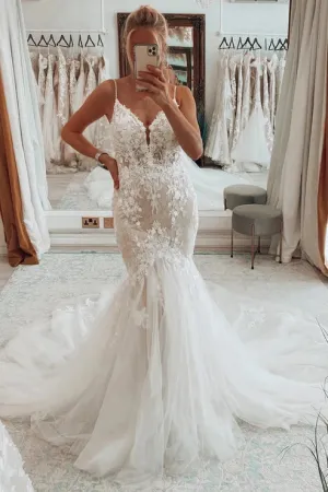 Luolandi Stunning Mermaid V Neck Tulle Lace Wedding Dresses White Beautiful